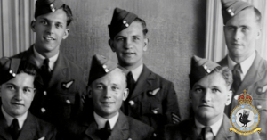 Black and white 1940s photo of the six-man crew of WW2 bomber 103 Squadron Avro Lancaster ND861